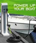 Heavy Duty 50 Amp RV Shore Power Adapter Cord connected to boat dock power outlet, showing twist lock mechanism by water.