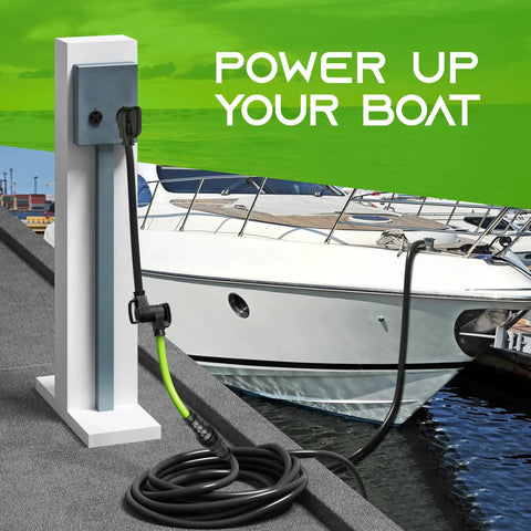 Heavy Duty 50 Amp RV Shore Power Adapter Cord connected to boat dock power outlet, showing twist lock mechanism by water.