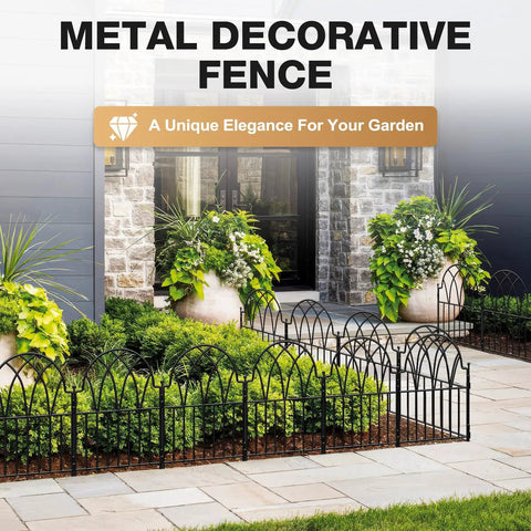 Garden Fence Set With No Dig Ground Stakes Arched Metal Panels For Dog Barrier And Flower Bed Edging in front of a patio