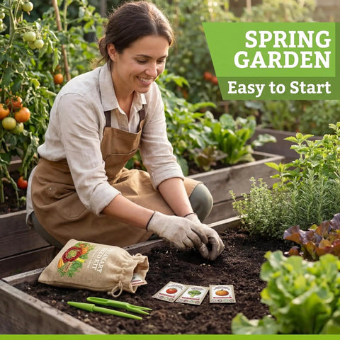 Heirloom Vegetable And Herb Seed Pack With 30 Non GMO Seeds For Planting Seed Kit With Tools Made In USA visible with gardener planting.
