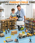Father and son playing with newest 2026 dope one sixty four scale RC forklift toy with trailer in a room.