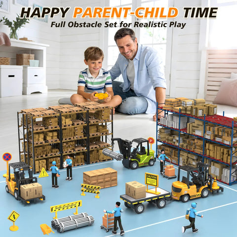 Father and son playing with newest 2026 dope one sixty four scale RC forklift toy with trailer in a room.