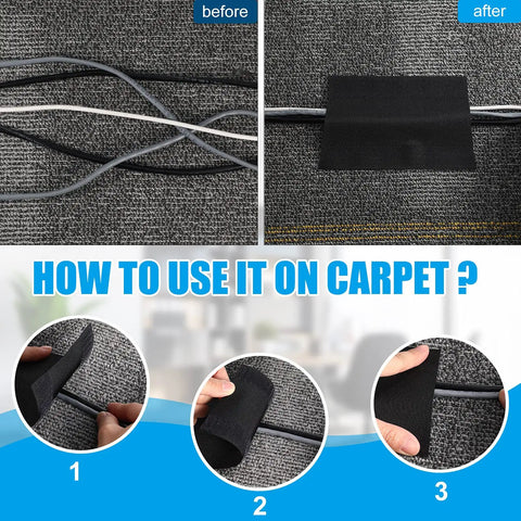 Carpet Cord Cover Cable Protector for Commercial Office Carpet 29.53 Ft Black, demonstrating easy hook and loop installation.