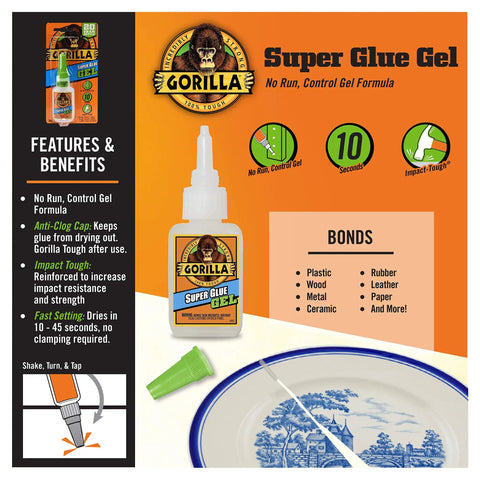 Clear Gel Super Glue For All Purpose Bonding Fast Setting And No Run Formula Great For Glass Plastic Wood Ceramic And More Ideal For DIY Projects And Household Repairs 20 Gram Pack displayed with features and materials it bonds