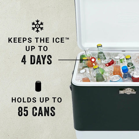 Vintage 54 Quart Steel Belted Cooler With Have A Seat Lid Ice Lasts Up To Four Days Fits 85 Cans open with drinks inside