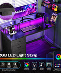 47 Inch Computer Desk With Built In Power Outlets And LED Lights, Game Ready Desk With Four Drawers And Monitor Stand, Black