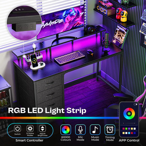47 Inch Computer Desk With Built In Power Outlets And LED Lights, Game Ready Desk With Four Drawers And Monitor Stand, Black