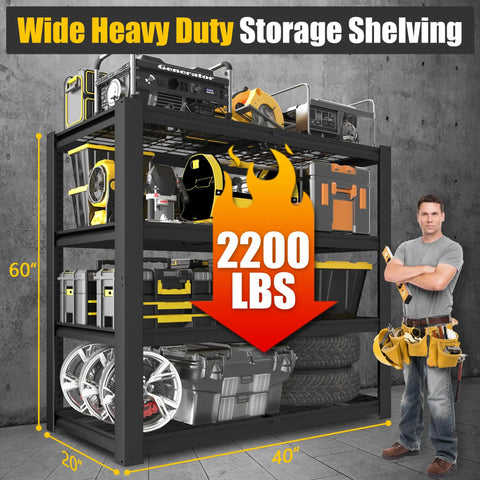 Beefed Up Heavy Duty Garage Shelving System With Four Tier Storage Shelves 2200 Lbs Capacity 40 Inch Wide By 20 Inch Deep By 60 Inch High Industrial Metal Garage Organizer, 4-tier black metal rack