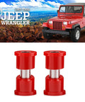Wrangler Front And Rear Frame Shackle Bushing Kit Fits 1987 Through 1995 With Code Red Bushings Made In USA Pair For Tougher Handling And Smoother Ride, shown in red color with Jeep in background.