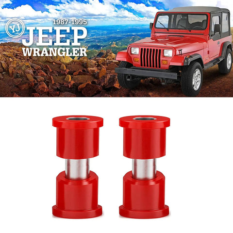Wrangler Front And Rear Frame Shackle Bushing Kit Fits 1987 Through 1995 With Code Red Bushings Made In USA Pair For Tougher Handling And Smoother Ride, shown in red color with Jeep in background.