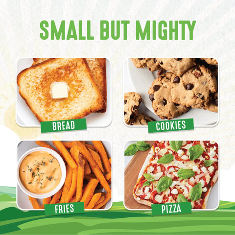 Display showing bread, cookies, fries, and pizza made with Pink Mini Oven With Healthy Ceramic Nonstick Coating.