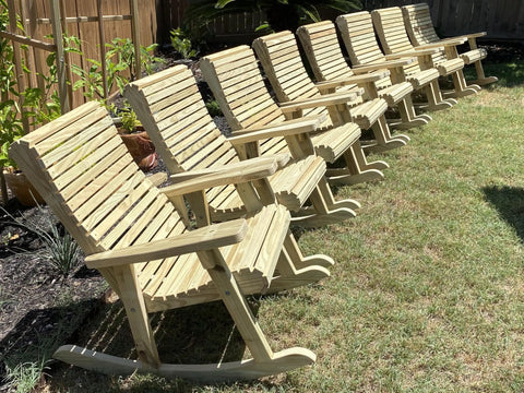 Dead Easy Outdoor Rocking Chair Plans With Smooth Ride Precision Mdf Templates And Goof Proof Step By Step Guide For Ultimate Backyard Kickback Lounge Made In Usa showing multiple wooden rocking chairs on grass.