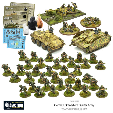 Bolt Action German Grenadiers 1:56 Scale Miniatures Set with 28mm WWII Soldiers and tanks for tabletop war gaming, unpainted figures
