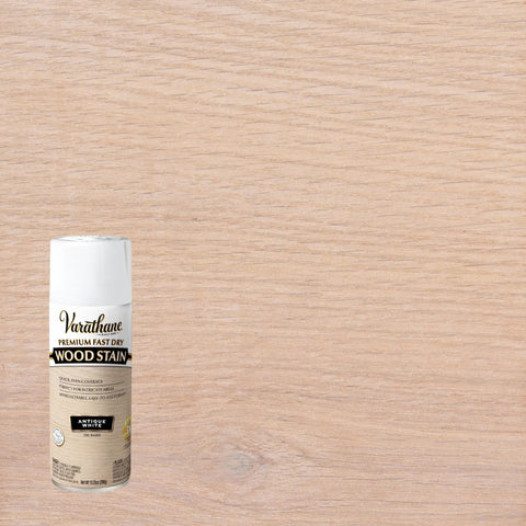 Premium Antique White Oil Based Wood Stain Spray on light wood background, showcasing the aerosol can and finish.
