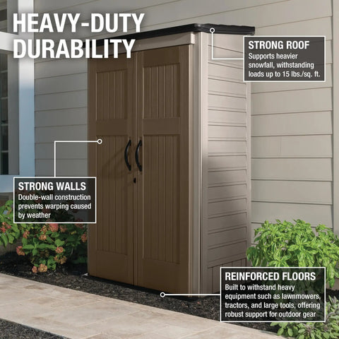 Weather Resistant Brown Vertical Resin Outdoor Storage Shed With Floor For Home Backyard Garden Tools Cushions Pool Chemicals Toys Keeps Your Yard Tidy And Neat Four By Two And A Half Feet with strong walls and reinforced floor.