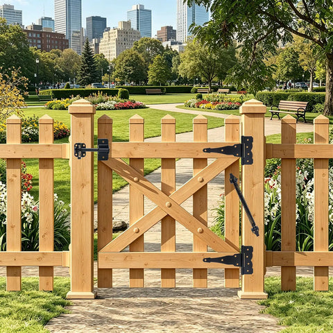 Heavy Duty Gate Hardware Kit With 8 Inch T Strap Hinges And Gravity Gate Latch Plus Self Closing Spring Rock Solid Black Powder Coat Steel Built Tough Yard Essential For Barn Shed And Wood Fence on wooden gate.