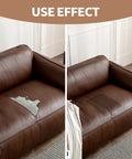Use effect of Self-Adhesive Leather Repair Patch 8x11 Inch Peel and Stick for Sofas, showing before and after on a brown sofa.