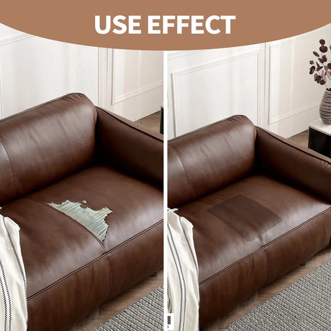 Use effect of Self-Adhesive Leather Repair Patch 8x11 Inch Peel and Stick for Sofas, showing before and after on a brown sofa.