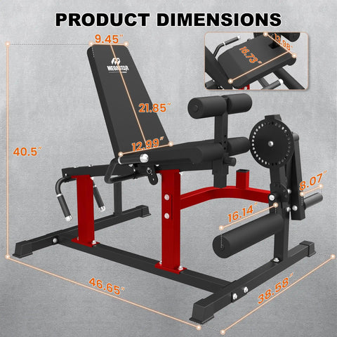 3-In-1 Leg Extension And Curl Machine For Home Gyms With Adjustable Back And 800Lb Capacity, dimensions highlighted on frame