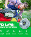 Man inspecting red lawn mower with GY22172 Idler Pulley 2 Pack 3-5/8 Inch for John Deere L120 L130 42 48 Deck Replacement GY20067 GX20305.