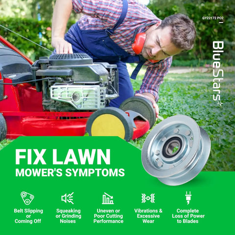 Man inspecting red lawn mower with GY22172 Idler Pulley 2 Pack 3-5/8 Inch for John Deere L120 L130 42 48 Deck Replacement GY20067 GX20305.