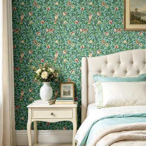 Hassle Free Peel And Stick Wallpaper Featuring Vintage Botanical Bird Graphics And Teal Green Pomegranate Vibes adorning a bedroom wall.