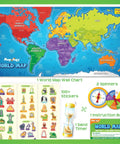 Mapology World Map With Reusable Stickers For Kids Ages Five To Twelve Hands On Interactive Wall Map Learning Game That Makes Geography Fun With 100 Plus Reusable Stickers STEM Toy Gift For Boys And Girls, featuring colorful continents, stickers, spinners, and a sand timer.