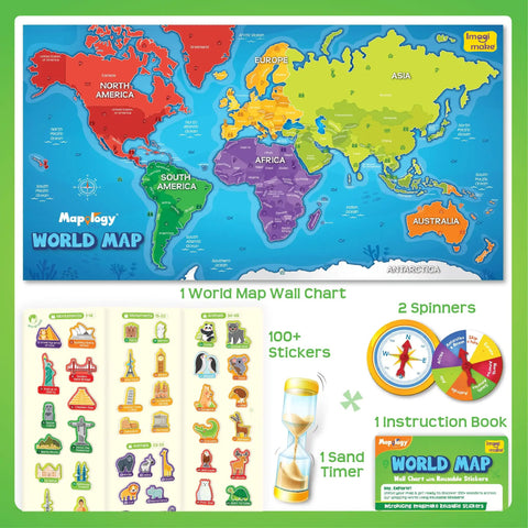 Mapology World Map With Reusable Stickers For Kids Ages Five To Twelve Hands On Interactive Wall Map Learning Game That Makes Geography Fun With 100 Plus Reusable Stickers STEM Toy Gift For Boys And Girls, featuring colorful continents, stickers, spinners, and a sand timer.