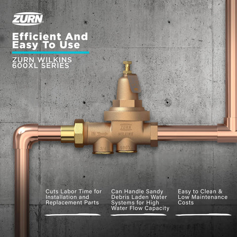 Front view of brass Zurn Wilkins 2-600XL 2-inch pressure reducing valve on copper piping.