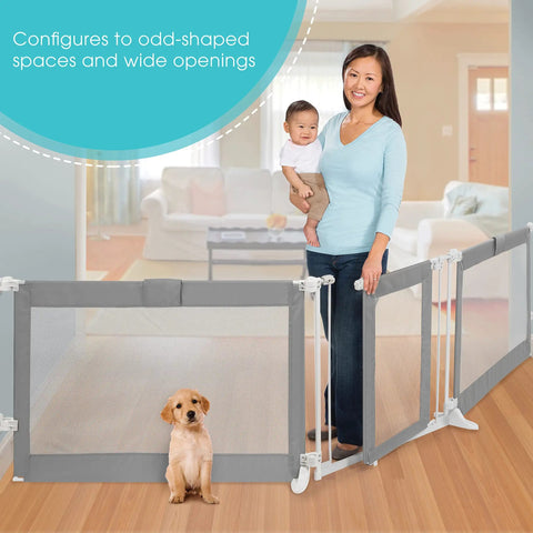 Custom Fit Walk-Thru Extra Wide Baby Gate For Openings 65 To 141 Inches, 30-Inch Tall, Hardware Mounted For In-Between Rooms And Doorways, Grey, Easy Install, Pet And Child Safe in living room with baby and dog