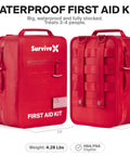 Front and back view of a large waterproof first aid kit with IPX7 sealed zippers, rubberized shell for car, travel, home, and outdoors.