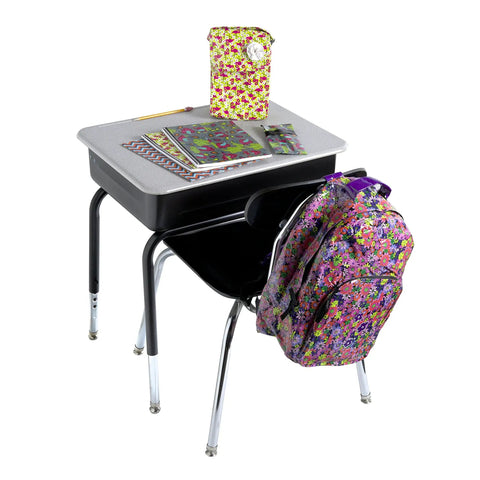 School desk with colorful backpack and stationary, visualizes creative uses for Metallic Gold Duct Tape Roll 1.88 Inch by 10 Yards for Repairs and Crafts Tear by Hand Easy Adhesion on Cloth Vinyl Leather Plastic Metal Laminates Perfect for Quick Fixes and Creative Projects.
