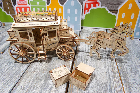 Stagecoach 3D Mechanical Model Kit, Wooden Brain Teaser And Puzzle For Adults And Teens, Wild West Carriage Build, Dope Detailed Wooden Puzzle For DIY Fun, Challenge And Display, wooden horse carriage with chest