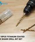10 Pack One Quarter Inch Titanium Coated Twist Hex Shank Drill Bit Set With 135 Degree Tip HSS Impact Grade displayed with case