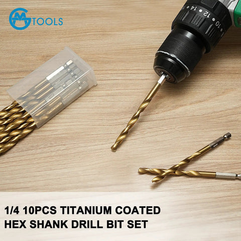 10 Pack One Quarter Inch Titanium Coated Twist Hex Shank Drill Bit Set With 135 Degree Tip HSS Impact Grade displayed with case