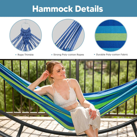 Heavy Duty Hammock Stand With Foldable Frame For Patio Hangout Ready And Easy Set Up Accommodates Two To Three People 475 Pound Capacity Stable Steel Construction With Non Slip Base Patent Pending Blue Green