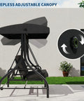 Side view of a black Three-Seat Outdoor Porch Swing With Adjustable Canopy For Sun Protection, showing canopy knob
