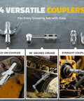 Four versatile couplers for Cordless 12000 PSI Grease Gun With 39 Inch Hose, Dual Pistol And Inline Grip, compatible with DeWalt 20V