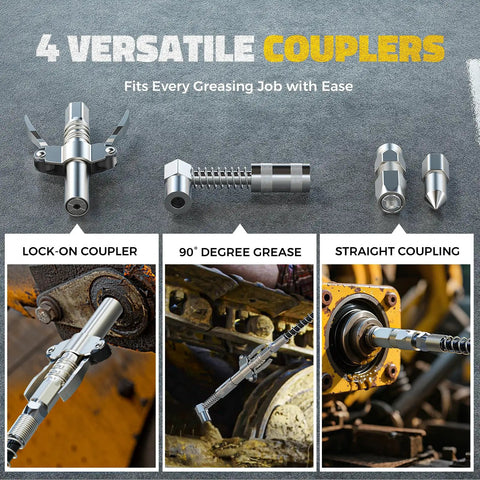 Four versatile couplers for Cordless 12000 PSI Grease Gun With 39 Inch Hose, Dual Pistol And Inline Grip, compatible with DeWalt 20V