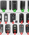 Comparison of Mazda key fobs with green checks and red Xs, highlighting compatible models for key fob battery replacement pack 2019-2025.