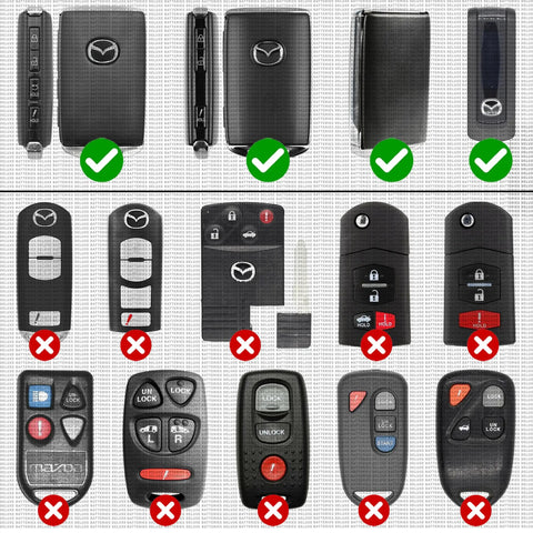 Comparison of Mazda key fobs with green checks and red Xs, highlighting compatible models for key fob battery replacement pack 2019-2025.