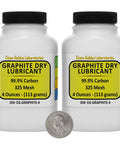 Two bottles of Powdered Graphite Dry Lubricant, 99.9 Percent ACS Grade Purity, Fine 325 Mesh Powder, 8 Ounces By Weight Total, with coin for scale.