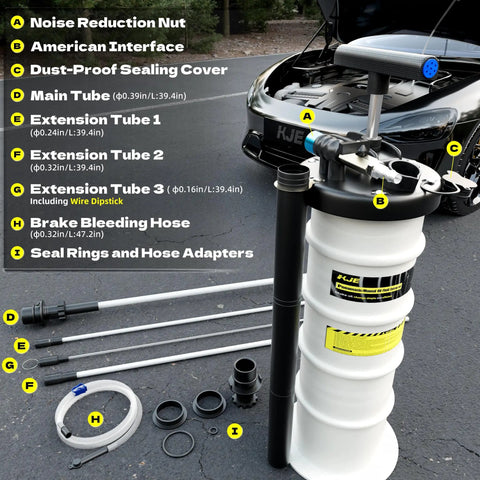 Garage Ready 6.5 Liter Manual And Pneumatic Oil Fluid Extractor Pump With Complete Accessory Kit for slick vehicle and marine fluid drains.