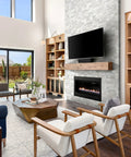 Living room with Silvery Brick Look Porcelain Wall Tile Luxe Tradition Style 7.875 By 15.75 Inches glazed wall around a fireplace.
