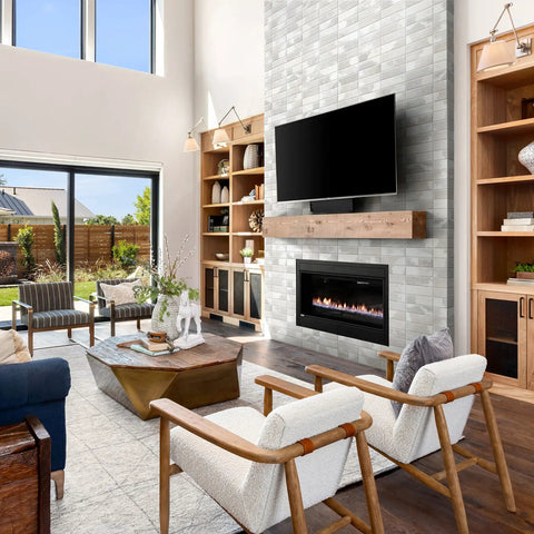 Living room with Silvery Brick Look Porcelain Wall Tile Luxe Tradition Style 7.875 By 15.75 Inches glazed wall around a fireplace.
