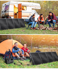 Portable 200W Foldable Solar Panel Kit With ETFE Cover for camping and RV, showing panels in use with outdoor setups.