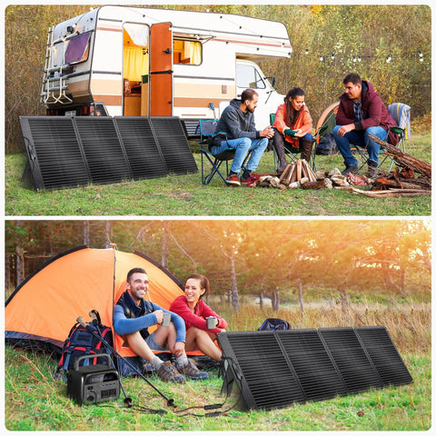 Portable 200W Foldable Solar Panel Kit With ETFE Cover for camping and RV, showing panels in use with outdoor setups.