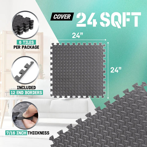 Interlocking Foam Floor Tiles 24x24 Puzzle Mats With Border 7/16 Inch Thick 24 Sq Ft Coverage Easy Snap Together Flooring