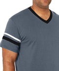 Retro Ringer Tee With Contrast Sleeve Stripes And Knit V Neck 50 50 Poly Cotton Jersey Double Needle Hem All Day Comfy in graphite