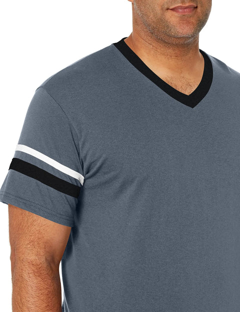 Retro Ringer Tee With Contrast Sleeve Stripes And Knit V Neck 50 50 Poly Cotton Jersey Double Needle Hem All Day Comfy in graphite